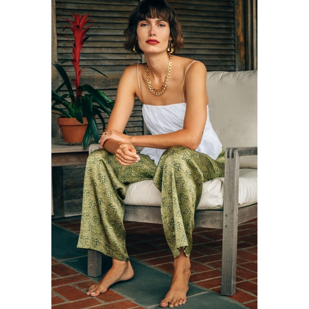 Eleanor Balfour Fall 2020 Ready-to-Wear Green Satin Paisley Pants Size 12 EUC!!